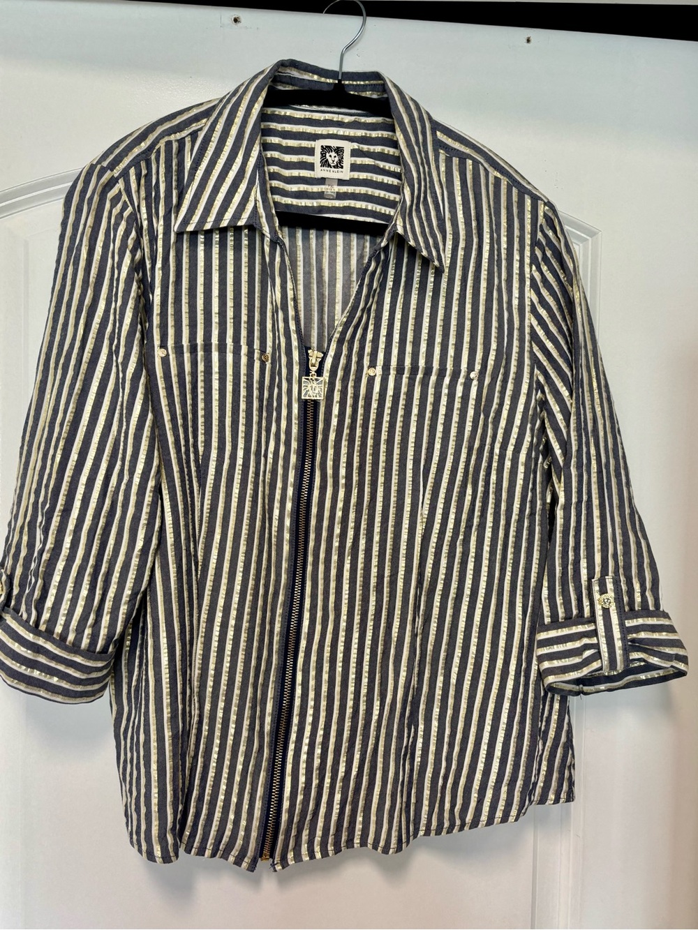 Anne Klein Grey, Gold and White Striped Zip-Front Blouse